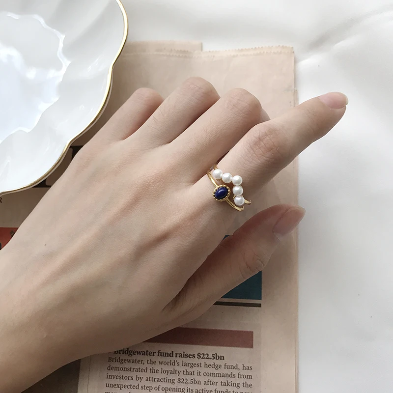 Peri'sBox, настоящее 925 пробы, серебряное, двойное, штабелирование, кольца для женщин, жемчуг, лазурит, обручальные кольца, регулируемые, открытые кольца