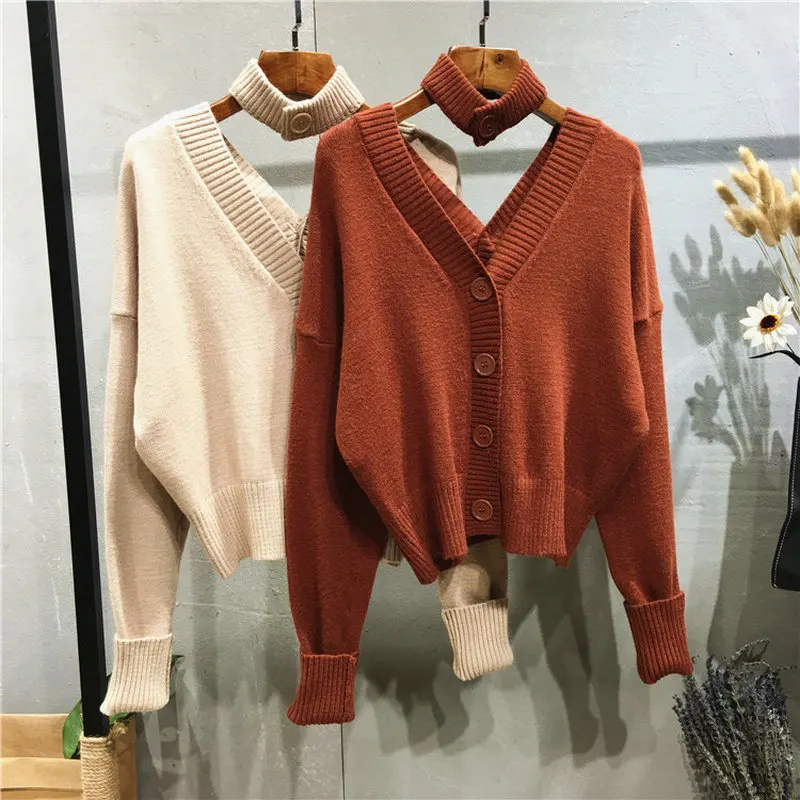 BEFORW Двусторонняя V шея Однобортный свитер женский Повседневная куртка женская