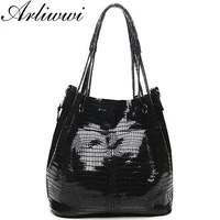 classic 100 real leather bucket shoulder bags for women shiny crocodile pattern cowhide large capacity tote handbags gy09