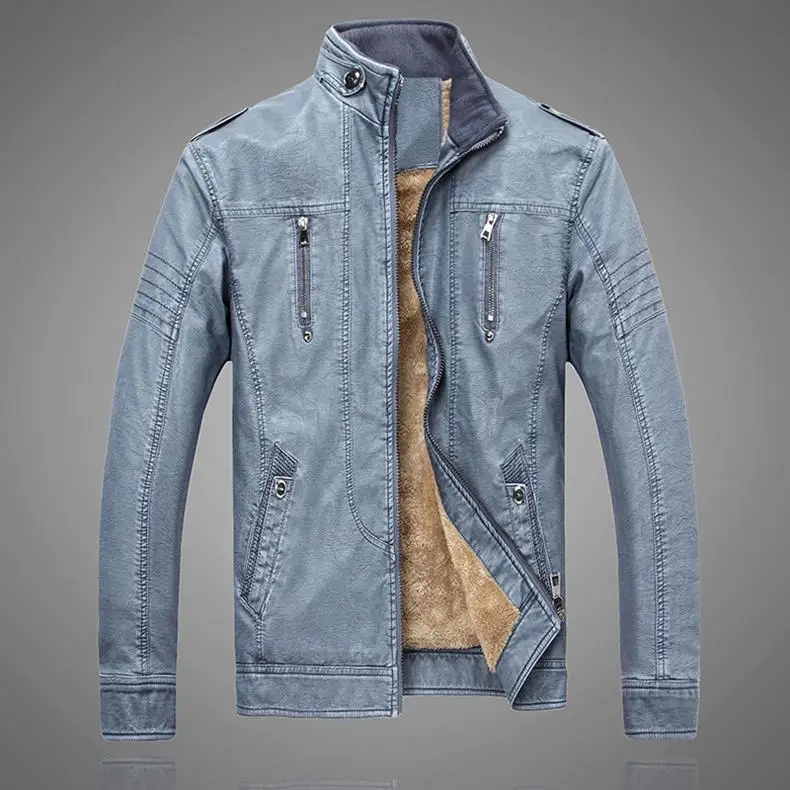 blue leather jacket Ретро мотоциклетная кожаная куртка Мужская Флисовая осень зима мода из искусственной кожи толстое пальто мужской размера плюс M-4XL мужская кожаная куртка s - Цвет: blue leather jacket