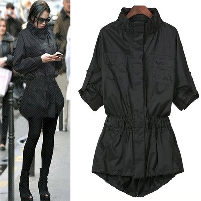 

2019 Spring Autumn Trench Coat Fashion Women Elastic Waist Windbreakers Plus Size 4XL Turtleneck Black Streetwear Outerwear