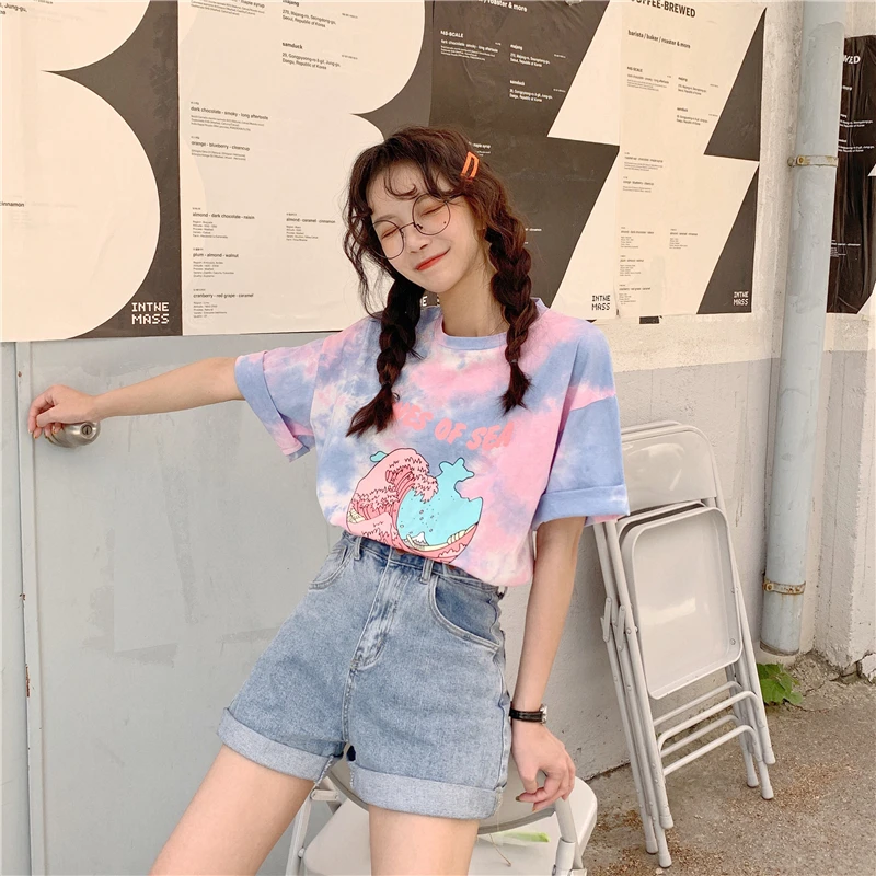 Woherb, Harajuku, футболка с принтом Tie Dye, повседневные летние топы, женские футболки с принтом мультяшных букв, Женская Эстетическая одежда 22528