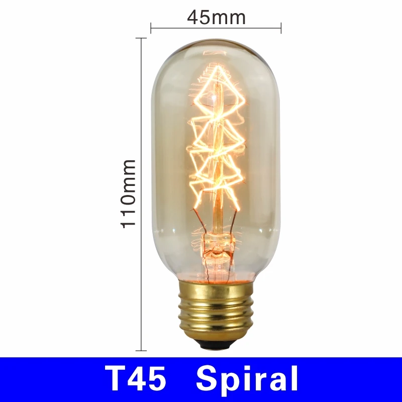 T45 spiral Электрическая лампочка эдисона светильник лампочка E27 220V 40W подвесной светильник в стиле ретро A19 A60 ST64 T10 T45 T185 G80 G95 нити Винтаж ампулы лампа накаливания со стеклянным колпаком - Цвет: T45 spiral
