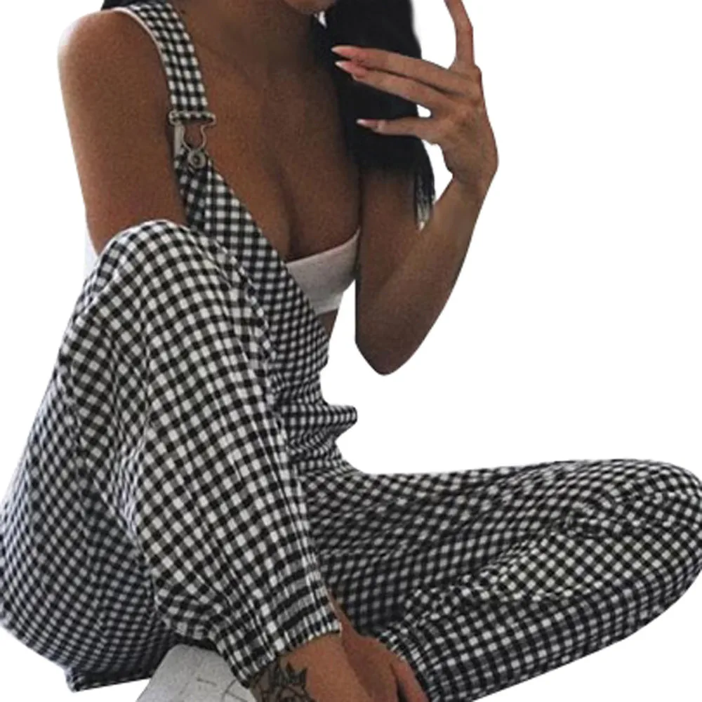 

Women Plaid Dungarees Jumpsuit Sleeveless Loose Long spring summer 2019 bodysuit female body fashion Playsuit Pants Trousers