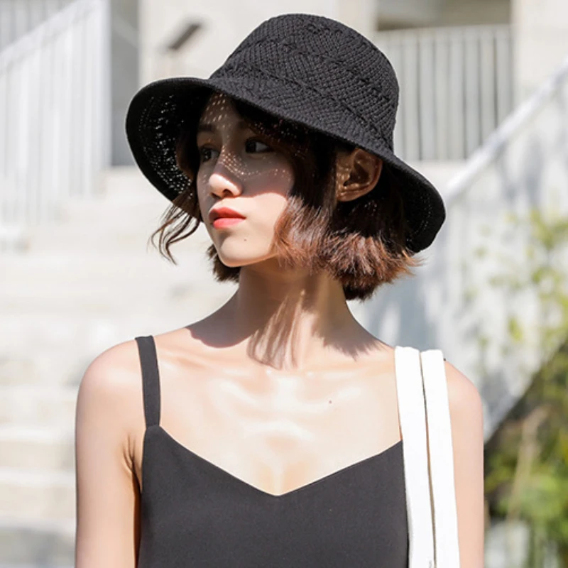 

HT2266 Fashion Women Hat Summer Spring Wide Brim Packable Panama Hat Female Fishing Cap Ladies High Quality Knitted Bucket Hat