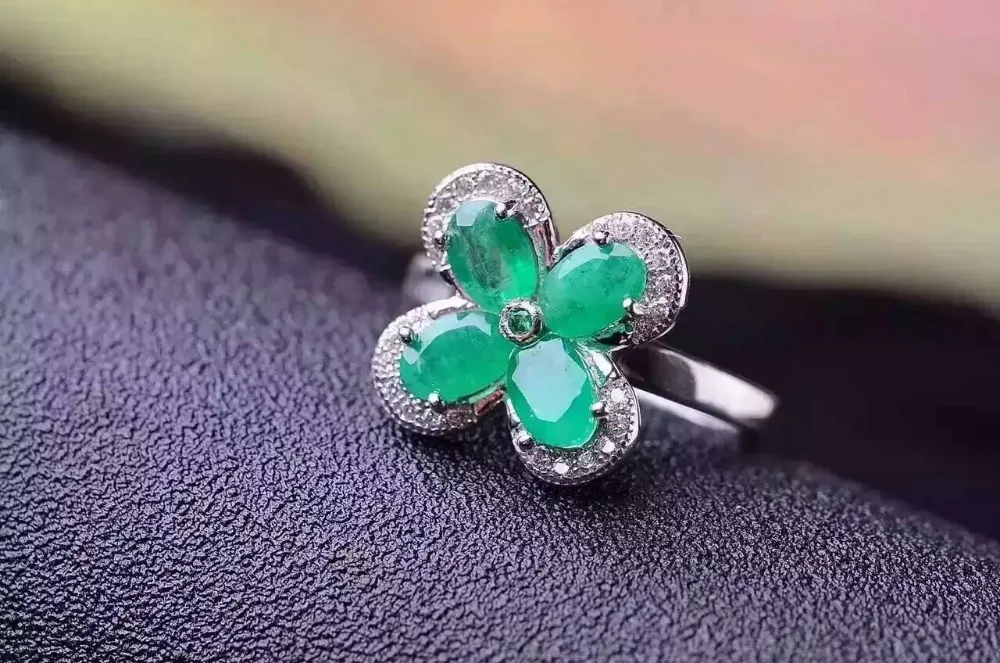 

Natural green emerald Ring Natural gemstone forefinger 925 sterling silver trendy Elegant Lucky leaf clover women party Jewelry