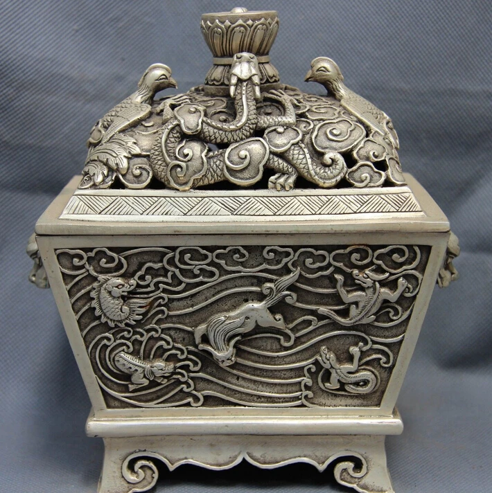 Тибет Монастырь Белый Медь Серебро Дракон Птица Зверь Банку Кадило курильница |