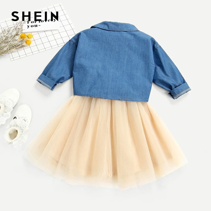 SHEIN Kiddie/комплект из джинсовой футболки с бантом и сетчатой юбки для маленьких девочек г. летние комплекты одежды с длинными рукавами для детей