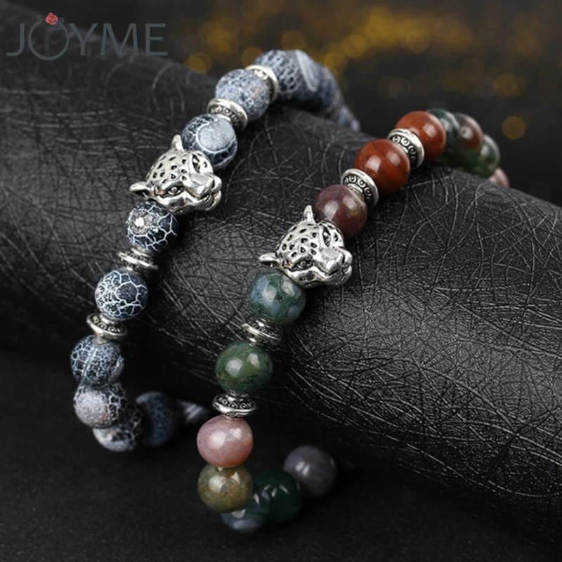 Мужские браслеты из натурального камня и бусин регулируемые с лавой подвеска Лев