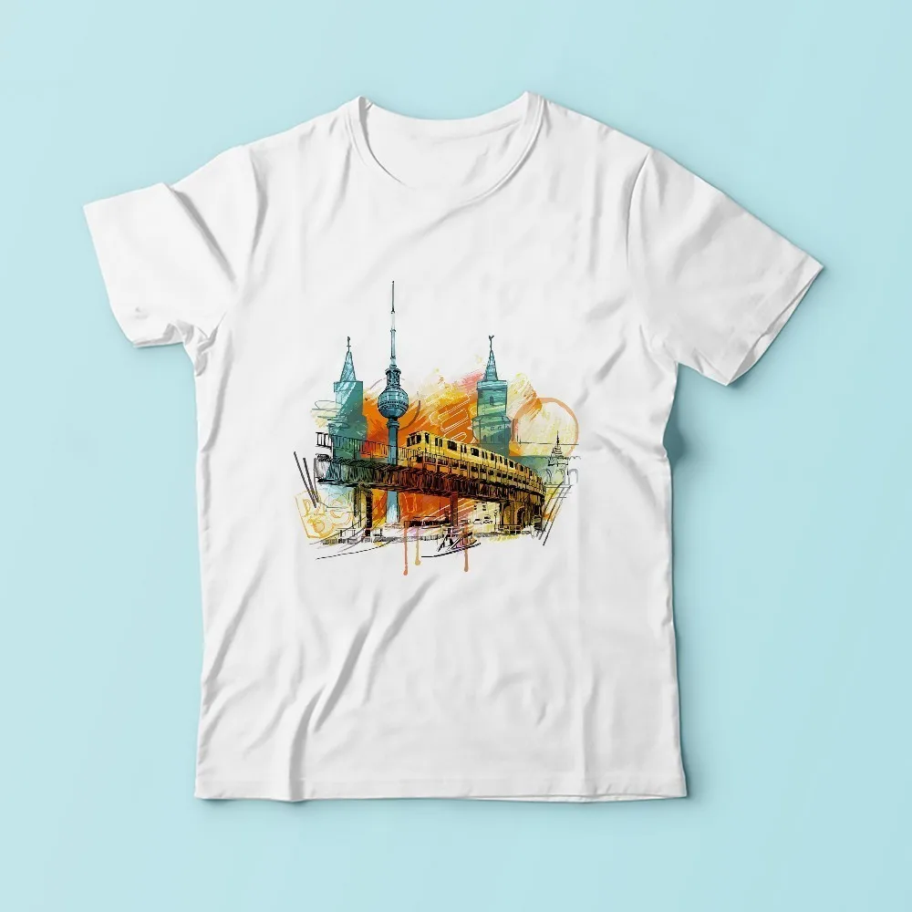 Germany Berlin city watercolor design no glue sublimation print tshirt men 2018 summer new white casual homme cool t shirt | Мужская