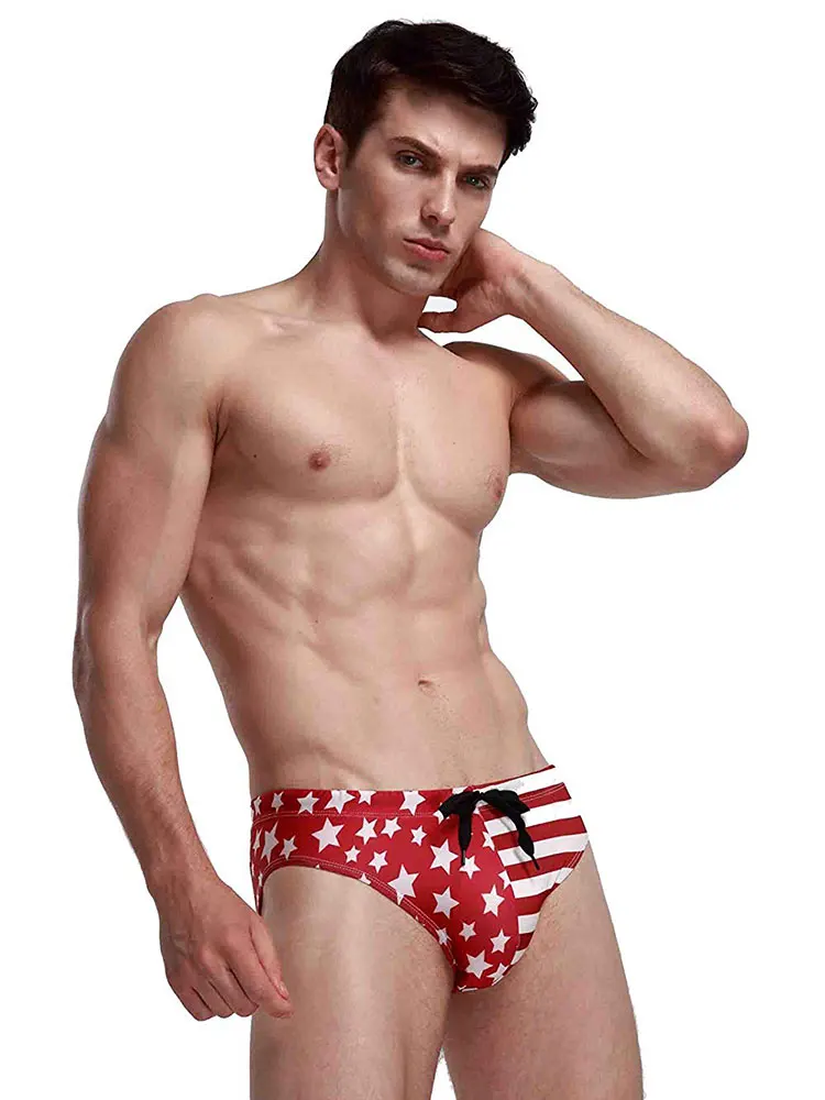 American Flag Swimwear Mens Stars Low Rise Swim Briefs Trunks USA Flag Underwear Sexy Beach Bikini Swimsuit Swimming Surf Shorts