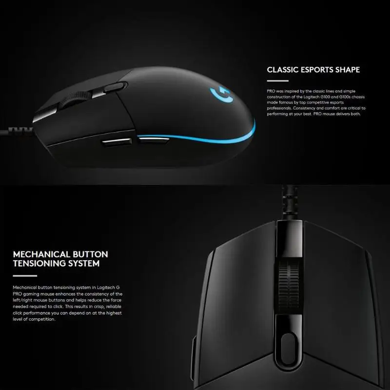 Игровая мышь logitech G Pro FPS 12000 dpi, RGB подсветка, 6 программируемых кнопок макросъемки, проводная мышь для конкурентной игры