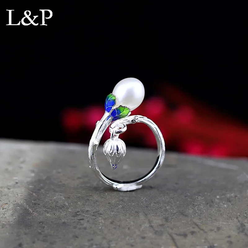 

L&P Elegant Natural Pearl Ring For Lady Authentic 925 Sterling Silver Handmade Adjustable Ring Fine Jewelry Wedding Gift