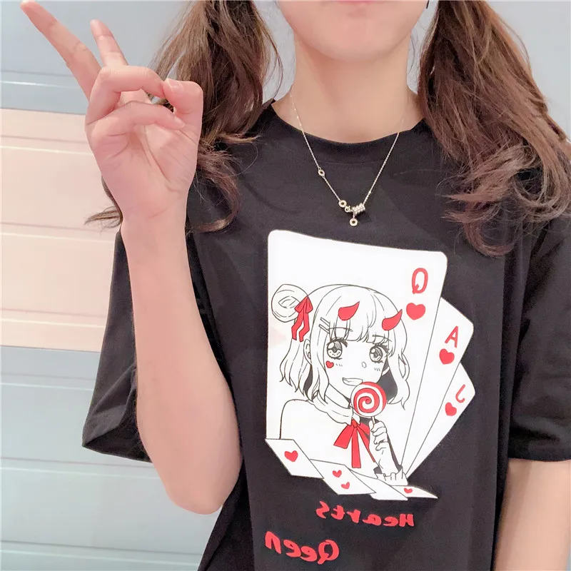 Harajuku/футболка с рисунком из мультфильма для японских темных девочек; футболка с короткими рукавами и круглым вырезом и принтом в виде китайских букв; милые футболки в стиле аниме Kawaii; топы