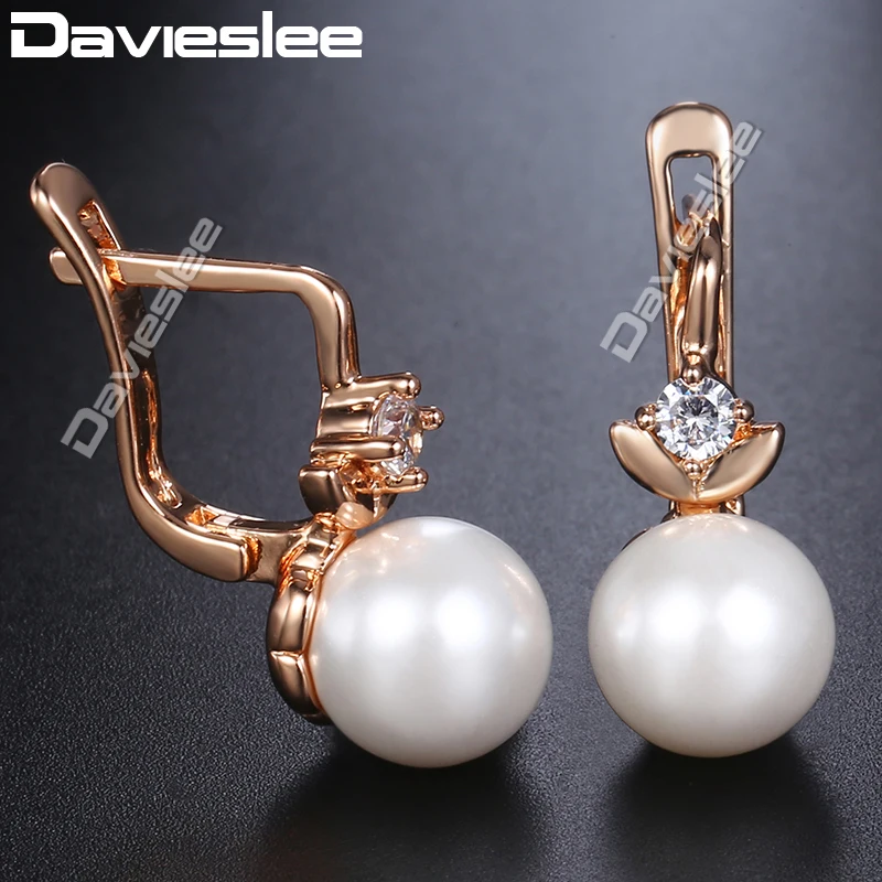 Davieslee 585, серьги в форме цветка из розового золота, проложенные прозрачными фианитами, имитация жемчуга для женщин, модные серьги DGE174