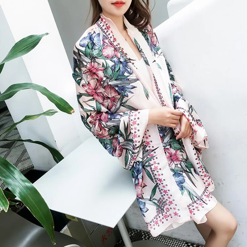 Silk Scarf Women Luxury Brand Digital Print Flowers Bohemia Flower Shawl Female Long Bandana Foulard 2020 | Аксессуары для одежды