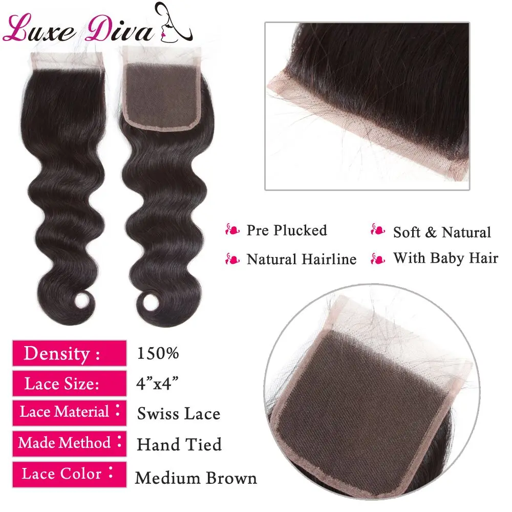 Роскошная Дива волос Кружева Закрытие малазийские волнистые естественные цвета