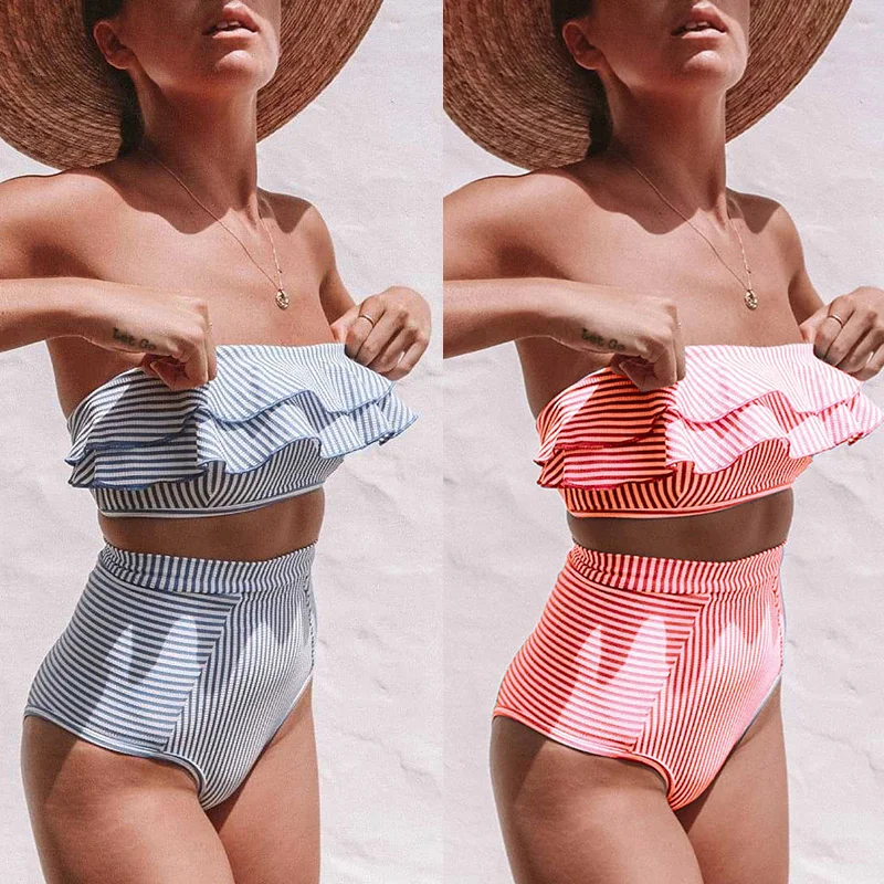 Женский купальник с оборками без бретелек комплект бикини в полоску высокой