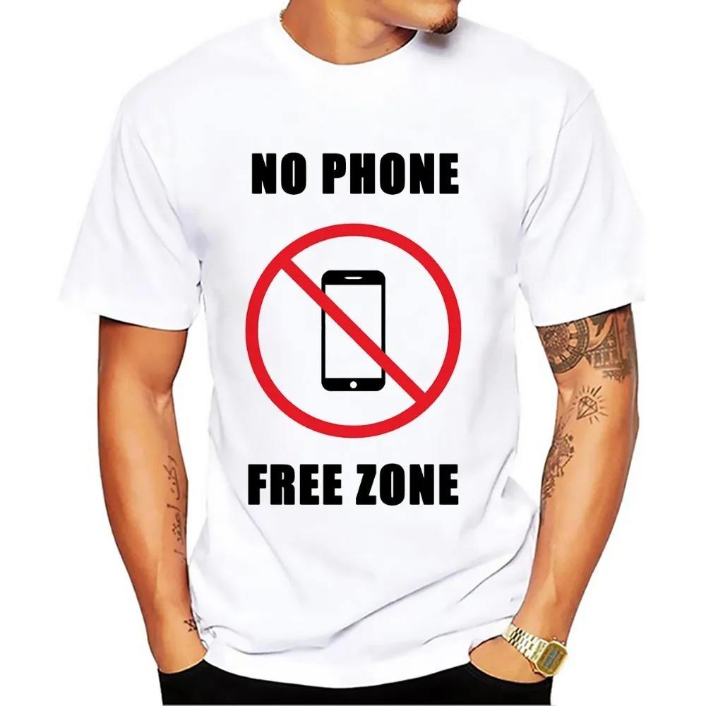 Мужская футболка с надписью NO PHONE FREE ZONE белая Повседневная дышащая модные мужские