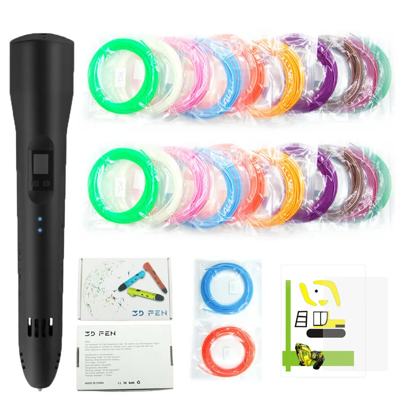 Black 3D Pen QCREATE 3D печатная ручка низкотемпературная 3D Ручка ЖК-дисплей с регулируемой температурой нагрева 8 скоростей добавить 100 м нити - Цвет: Black 3D Pen