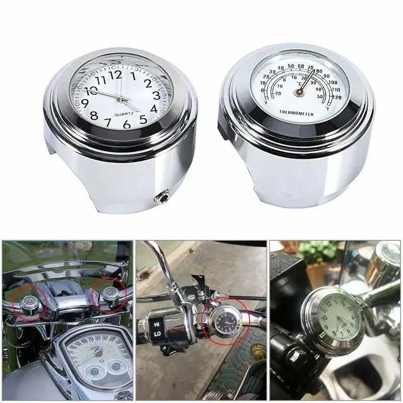 7/8&quot 1&quot Motorcycle Handlebar Dial Clock &amp Thermometor Waterproof Glossy for Cruiser Chopper(Pack of 2) | Автомобили и