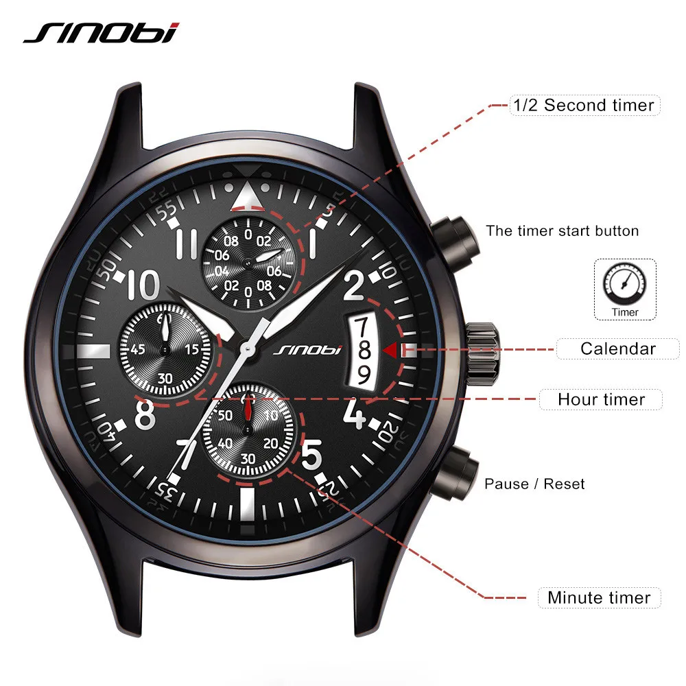 SINOBI Brand Men Watches Mens Pilot Chronograph Quartz Wristwatches Man Luxury Waterproof Watch Male Steel Clock reloj hombre | Наручные