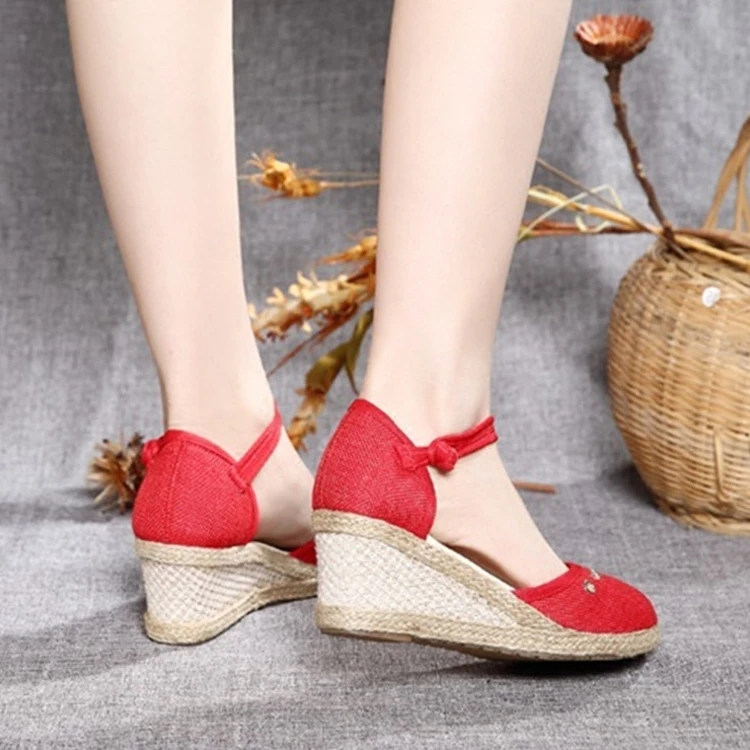 Женские парусиновые сандалии Эспадрильи с ремешком на щиколотке среднем каблуке