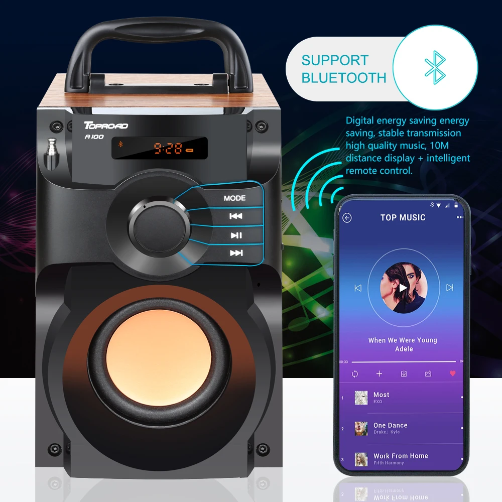 TOPROAD портативный Bluetooth динамик беспроводной стерео сабвуфер бас динамик s Колонка Поддержка FM радио TF AUX USB пульт дистанционного управления