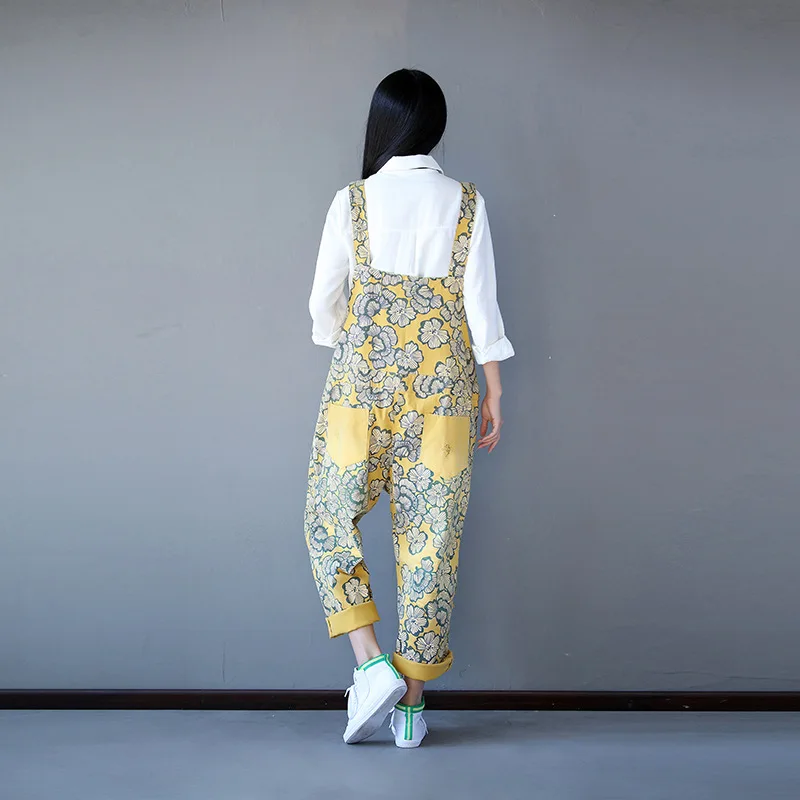 

High Quality Casual Jumpsuits & Rompers Women's clothing Fashion Yellow Printing Loose Straight Jumpsuits Literature and art