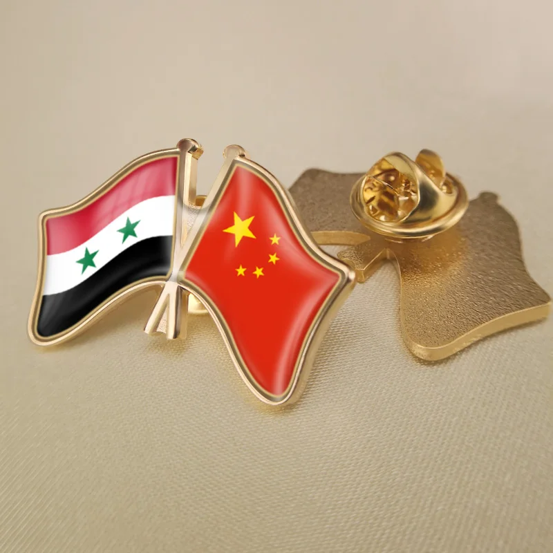 

Syrian Arab Republic and China Crossed Double Friendship Flags Lapel Pins Brooch Badges