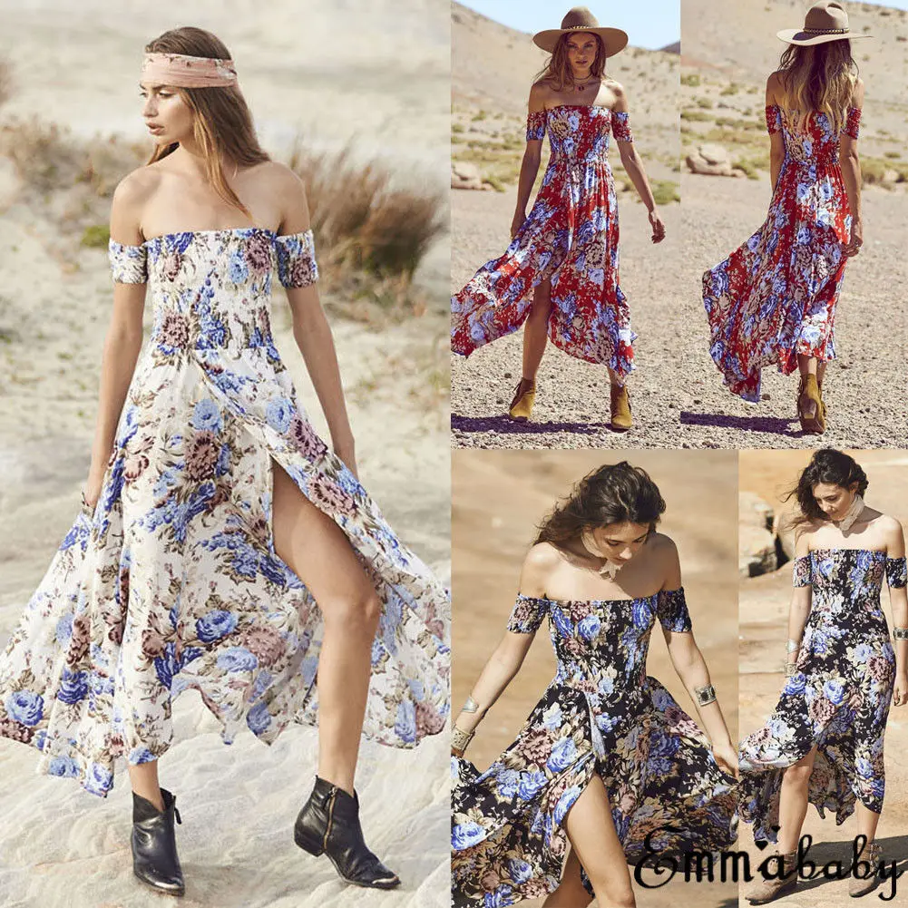 

Women Off Shoulder Long Beach Dress 2020 Summer Short Sleeve Dresses Chiffon Floral Print Vintage White Maxi SunDress Strapless