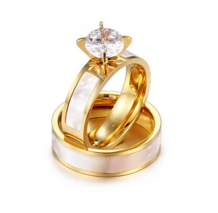 

Hot Selling Couple Rings Men Women Gold Stainless Steel Crystal & Shell Engagement Wedding Rings Fashion Accessories For Lovers