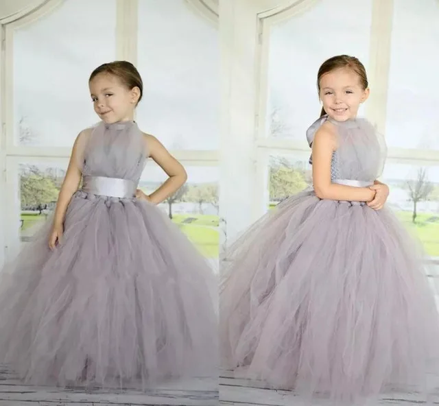

Ball Gown Grey Tulle Flower Girl Dresses Puffy Halter with Sash Floor Length Little Girl Pageant Gown Custom Made