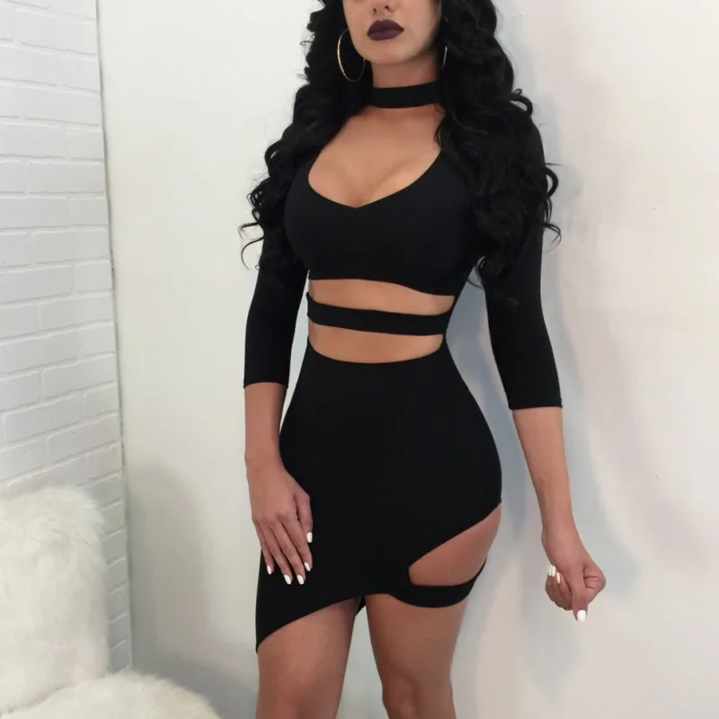 Черный YSMARKET Vestidos женское сексуальное облегающее Бандажное платье, летнее Открытое платье с рукавом 3/4, облегающее повседневное Клубное вечернее платье, мини короткое - Цвет: Черный