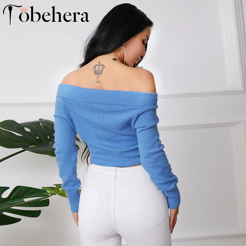 Glamaker Off shoulder blue long sleeve sweater Women drawstring sexy thin crop Knitted high fashion 2019 autumn jumper |