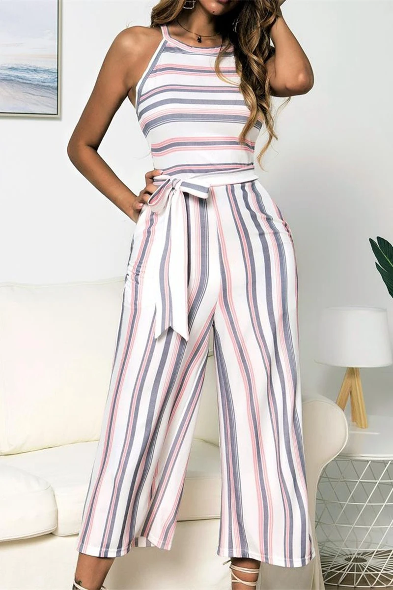 Летний женский комбинезон в полоску без рукавов, элегантный сексуальный бандаж комбинезон, широкие длинные штаны, повседневный комбинезон для работы, женские офисные комбинезоны