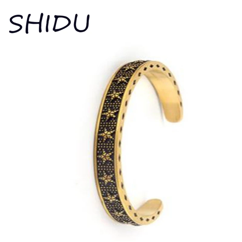 Fashion brand retro five-pointed star titanium steel bracelets 316L Cuff personality men and women open bracelet European | Украшения и