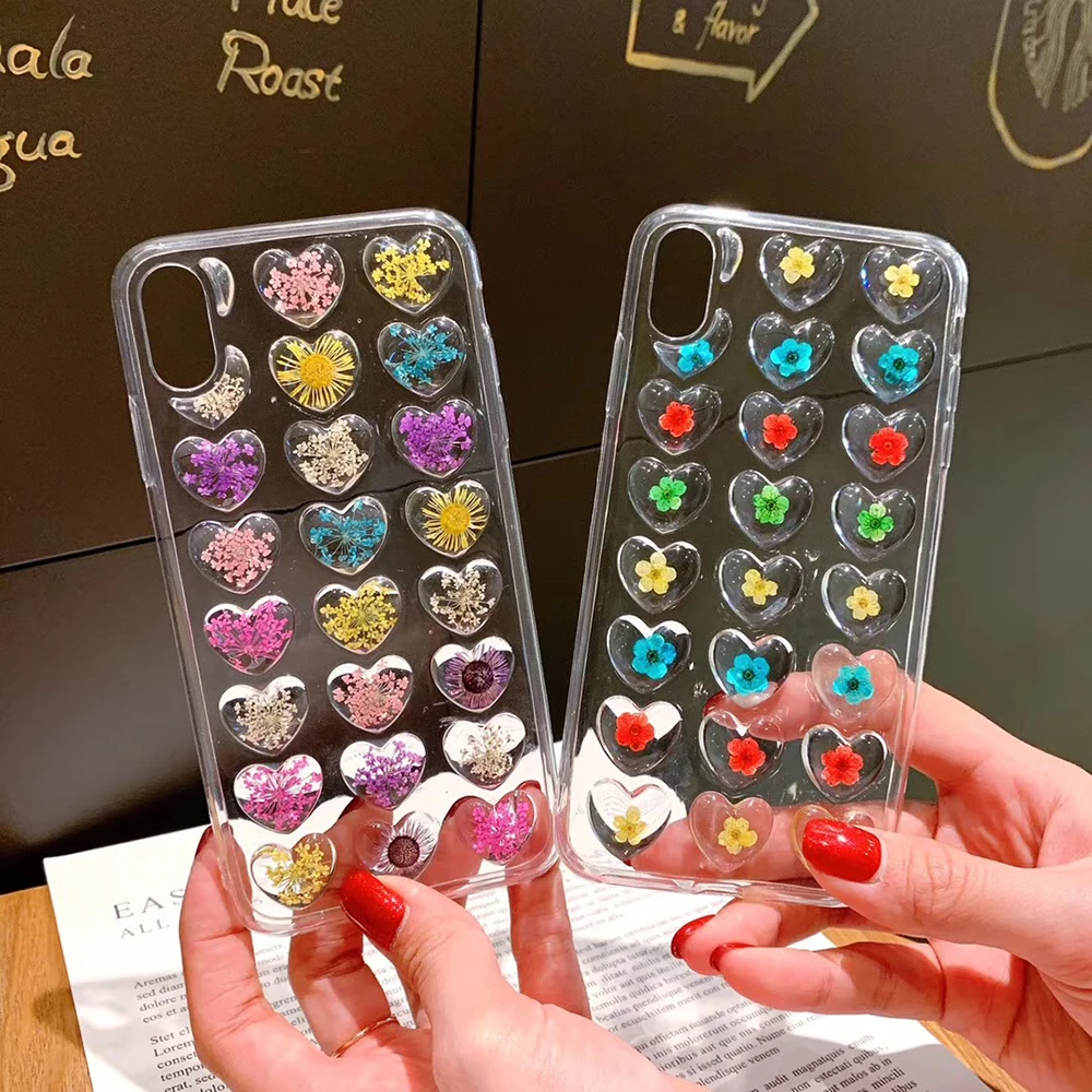 Cute Heart Dried Flowers Case For iPhone 7 8 6 6S Plus Transparent X XR XS Max TPU Real Flower Silicone Girly Cover | Мобильные
