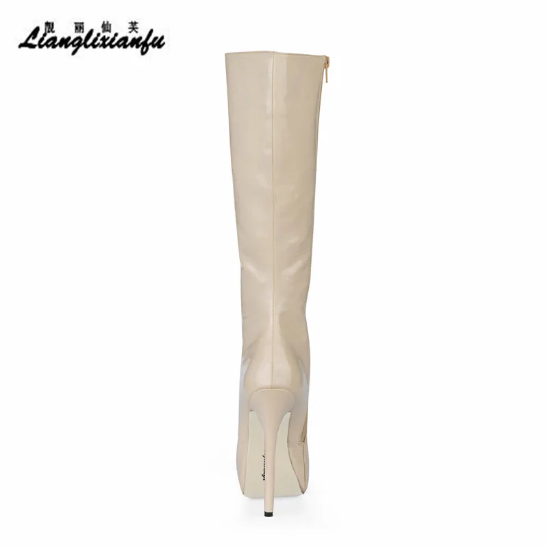 

LLXF Stilettos sexy Round Toe Platforms shoes woman Knee-High Boots 14cm Thin Heels botas mujer Motorcycle Nude Party pumps