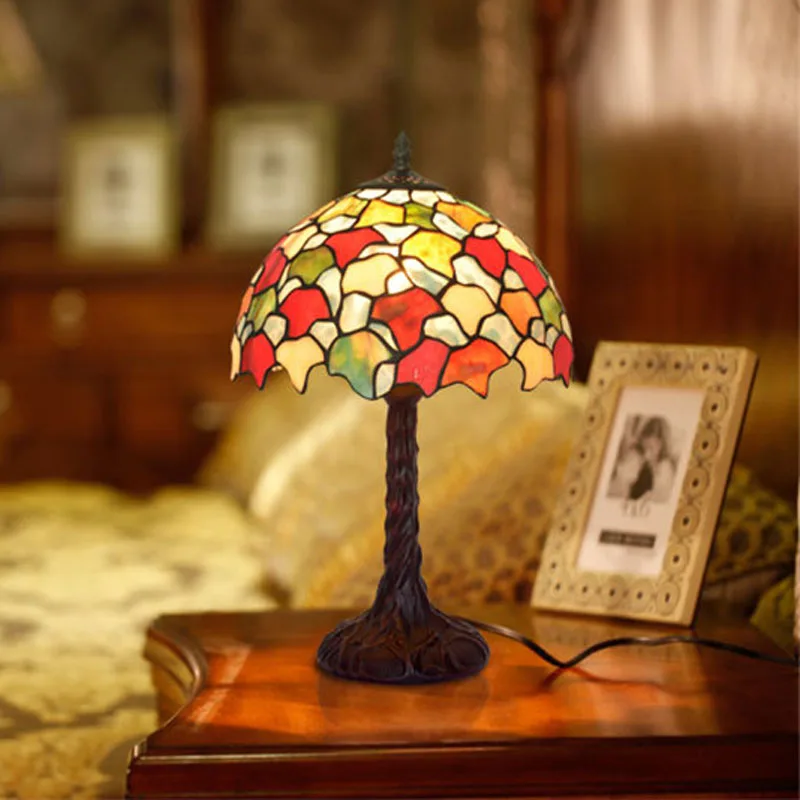 

FUMAT Maple Stained Glass Table Lamp Tiffany Shade LED Bedside Lamps 12 Inch Bedroom Home Art Deco luminaria Retro table Light