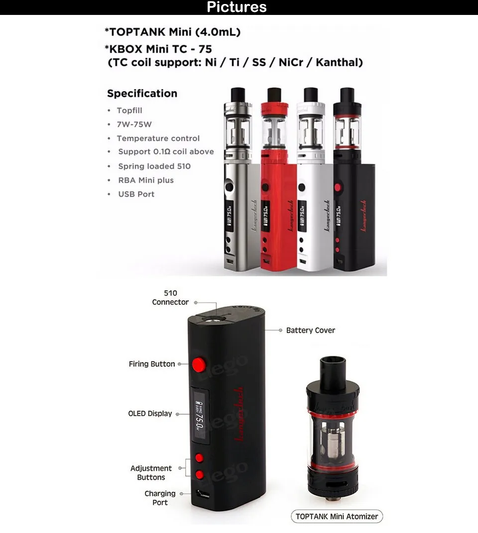 Оригинал kangertech topbox Мини Starter Kit vape с мини Automizer Контроль температуры электронные