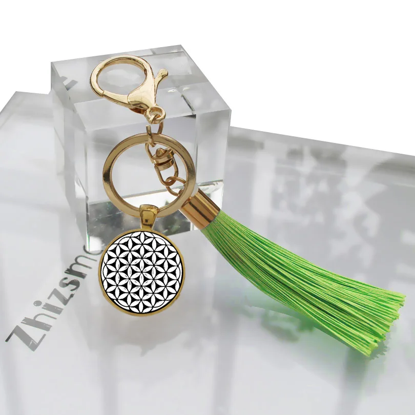 ls0411 green Цветок жизни семя жизни брелок с кистями кулон Флер де Ви стекло кабошон автомобильный мешок брелок кулон женский ювелирный женский - Цвет: ls0411 green