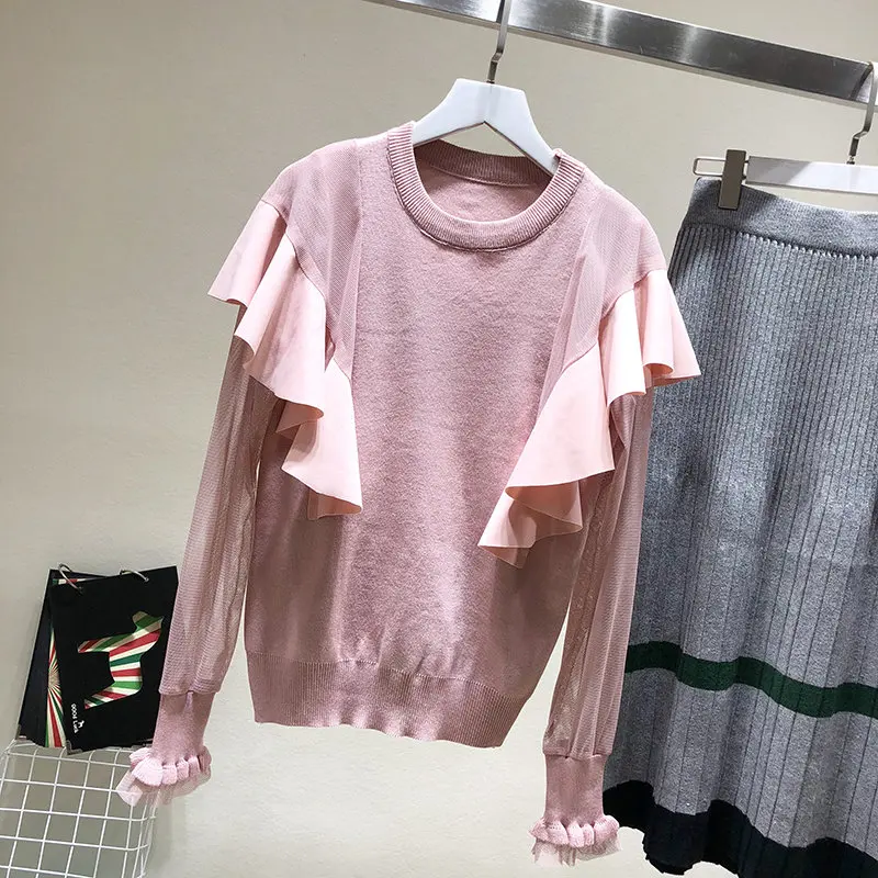 MAXDIROO Women Sexy Lace Ruffles Patchwork Pullover And Sweater Female Fashion Jumper Top Sueter Mujer See Through Sleeve | Женская