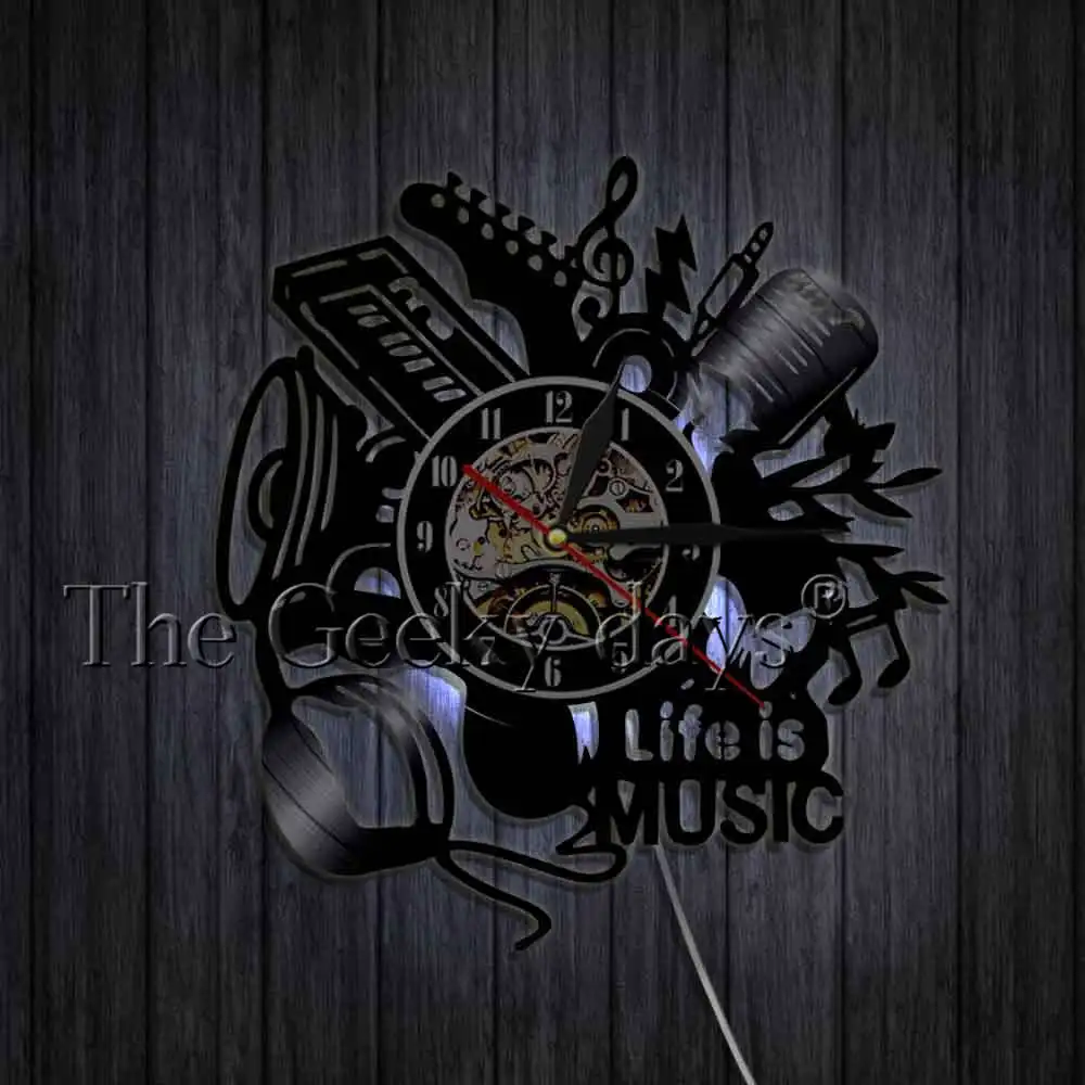 Life Is Music винтажные настенные часы с виниловой пластинкой античные музыкальные часы 3D часы Современный дизайн домашние часы отличная идея подарка - Цвет: With LED Light