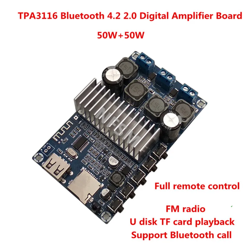 

Single DC12-24V TPA3116 Bluetooth 4.2 50W+50W 2.0 channel digital amplifier board Support USB TF player FM radio remote control