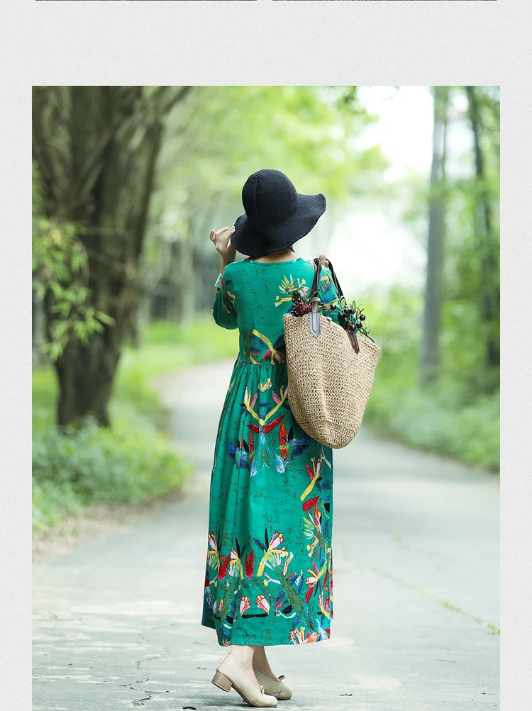 Plus Size Women Vintage Dress Summer Autumn Sundress Cotton Linen Vestidos Lady Long Dresses Print Floral Loose Casual Dress