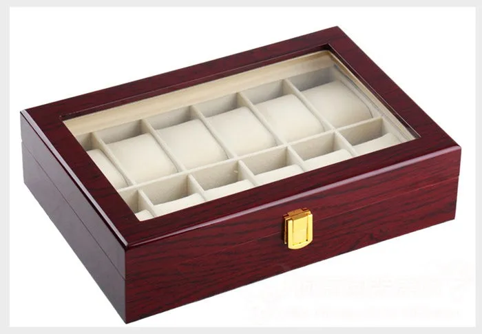

12 Slots Wood Watch Boxes Case New Red Light Red Watch Organizer Case Jewelry Storage Gift Holder With Window