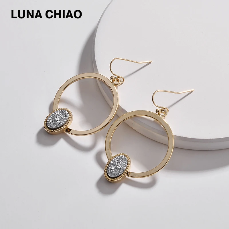 LUNA CHIAO Fashion Designer Circles Disc Drop Earrings with Metallic Resin Oval Druzy Jeweled | Украшения и аксессуары