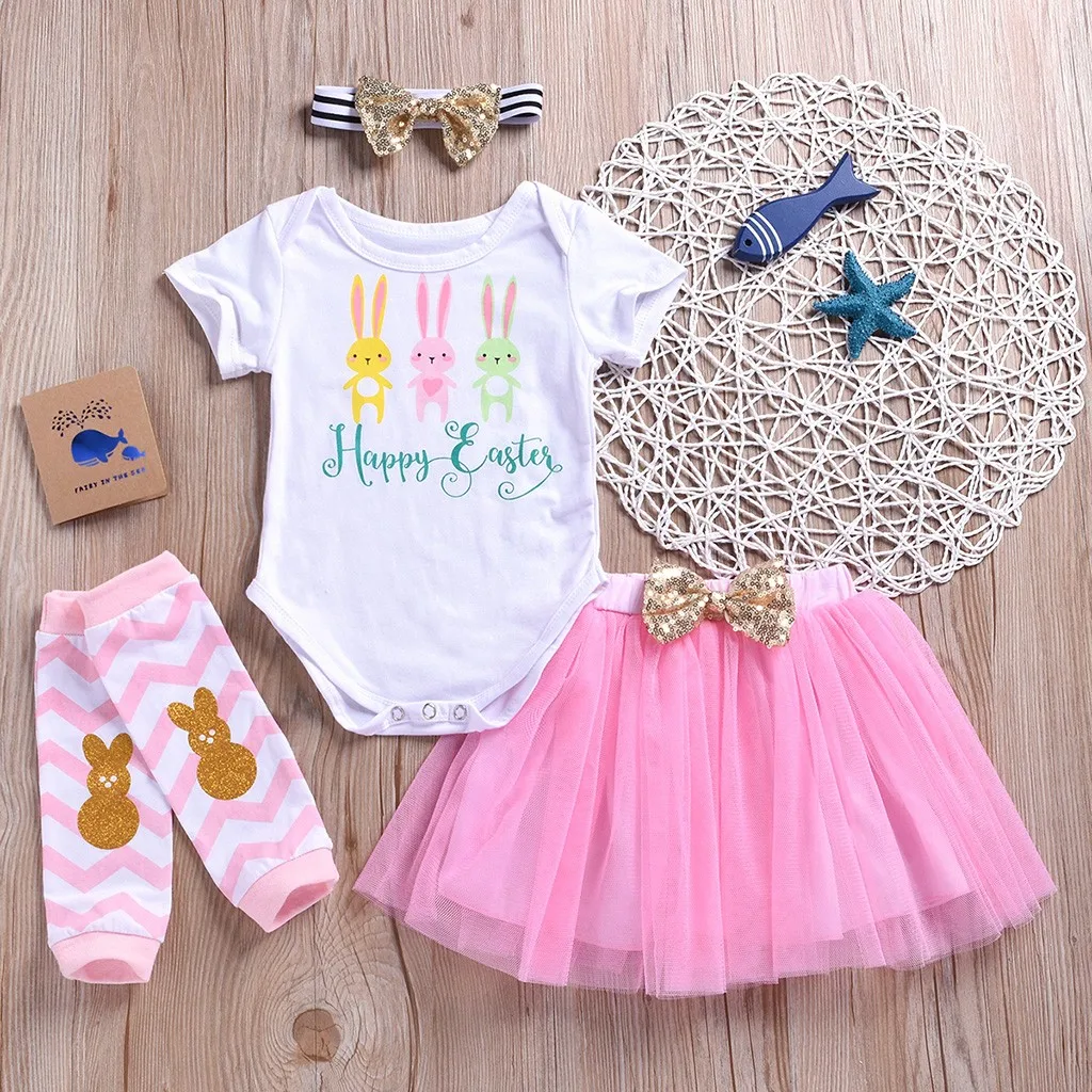 TELOTUNY 2019 Baby Girls Toddler Short Sleeve Letter Romper Tops+Floral Pants+Headbands Set Outfits Happy Easter Sets#40 | Мать и ребенок