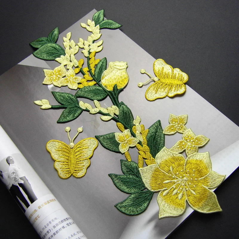 1 шт. вышивка большие нашивки желтый цветок с бабочкой патч Одежда DIY аксессуары